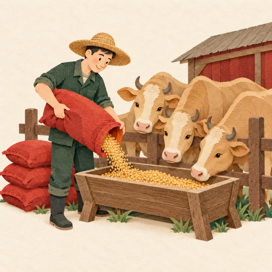 A farmer pours feed from a sack into a trough for waiting cows