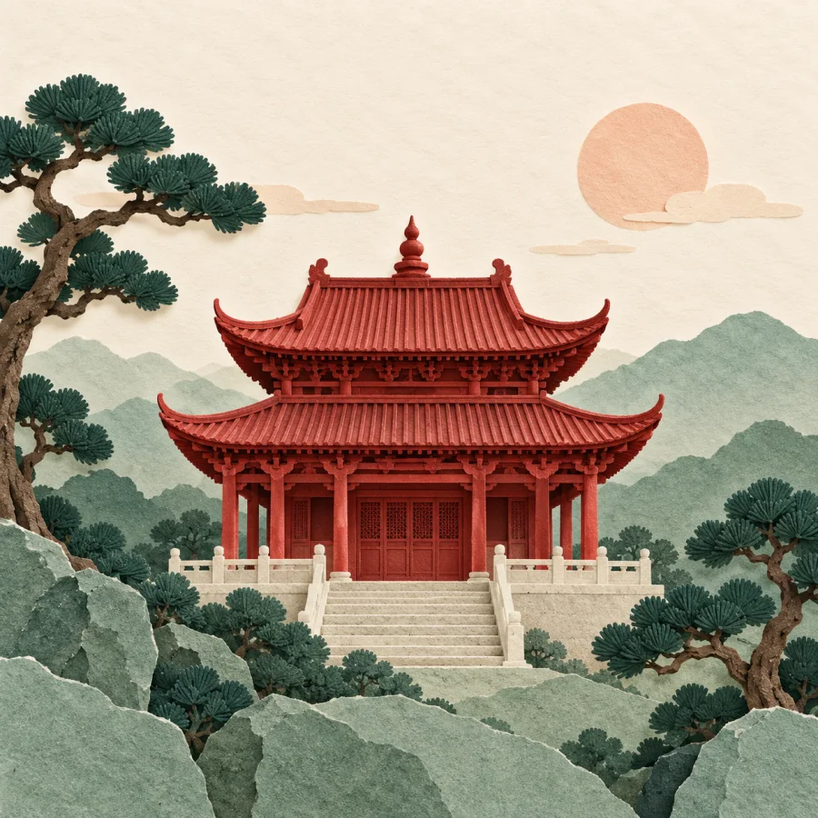 A red temple amid pines on a green hillside