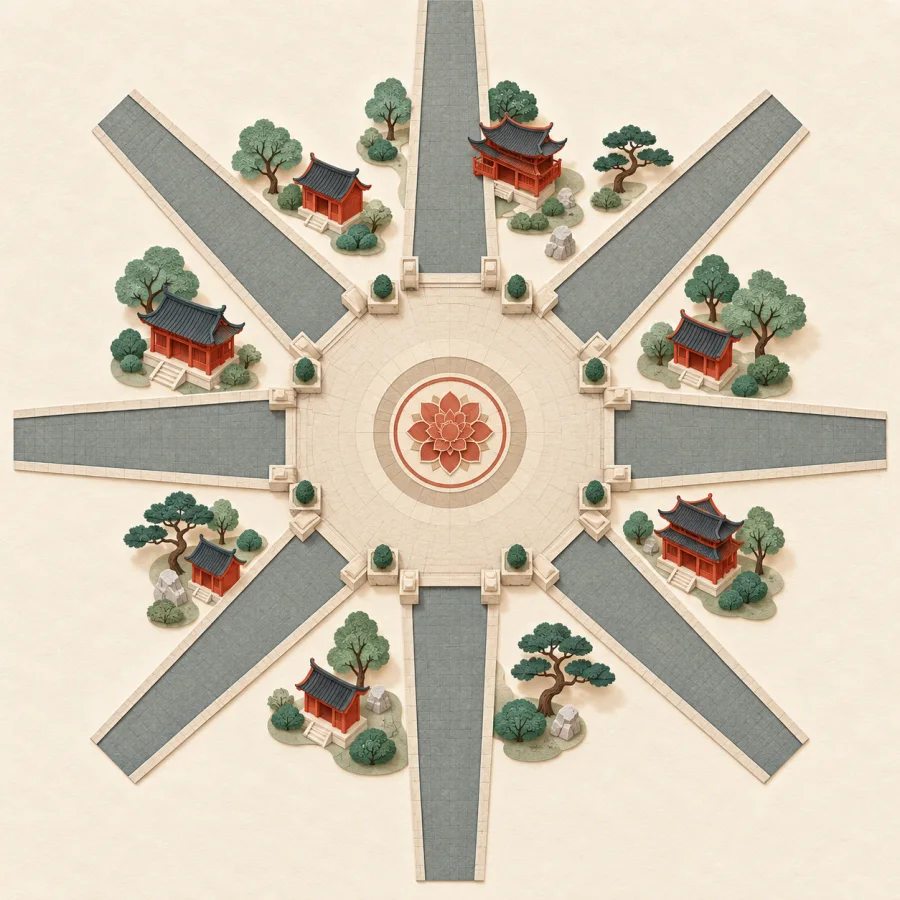 Roads radiate from a city square in many different directions