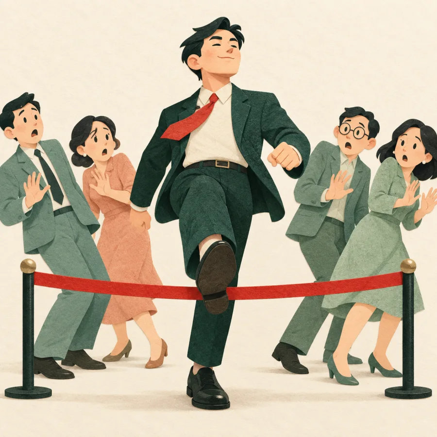 A brazen man shoves through a queue, ignoring the warning barrier