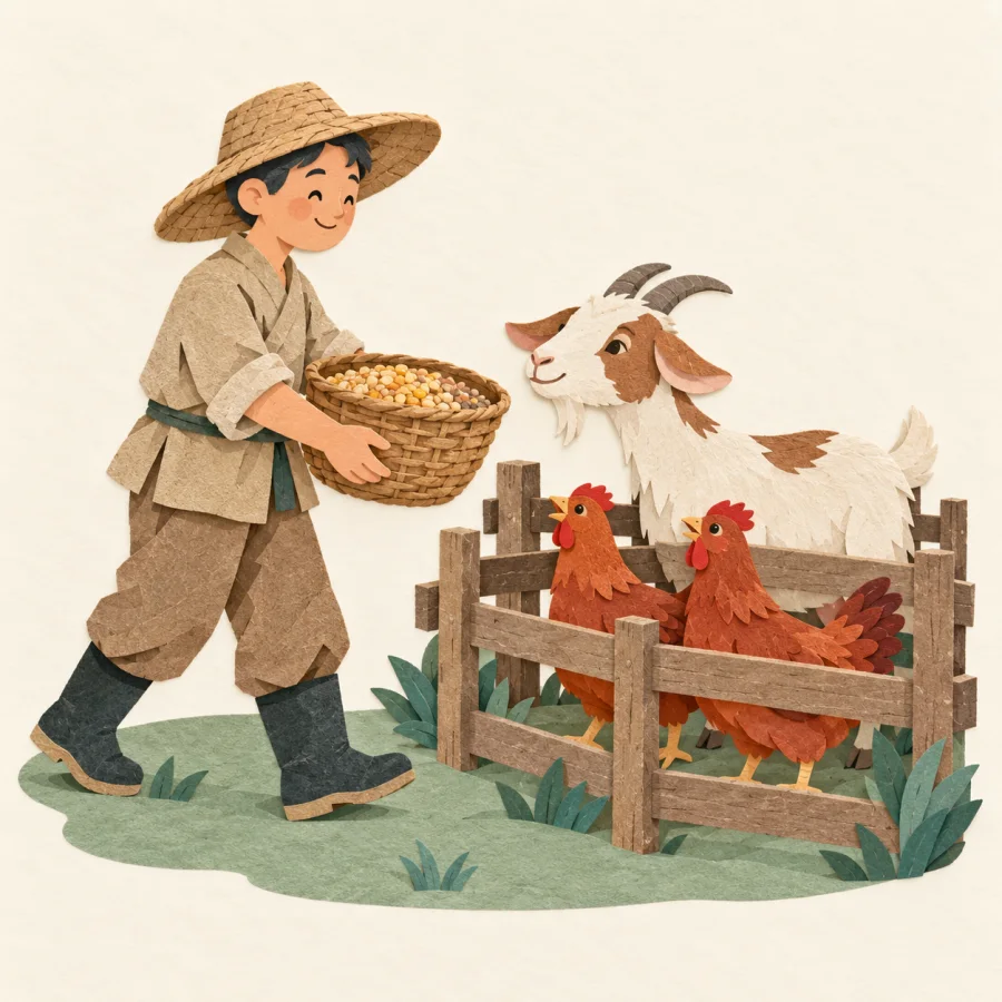 A farmer carries a basket of feed toward a pen of waiting animals