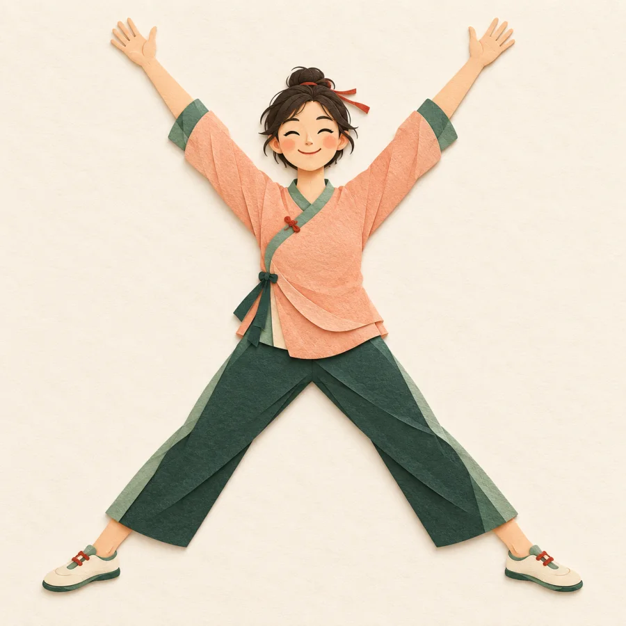 A person stretches, extending both arms and legs wide
