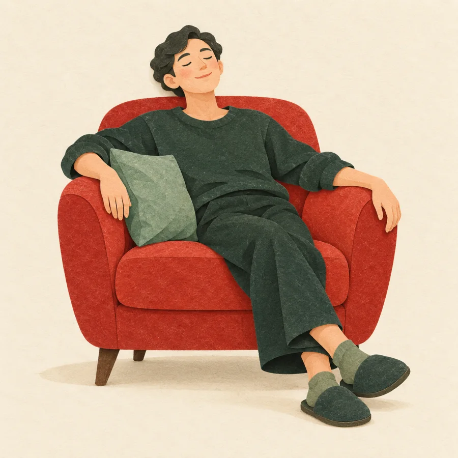 A tired person slumps loosely in an armchair