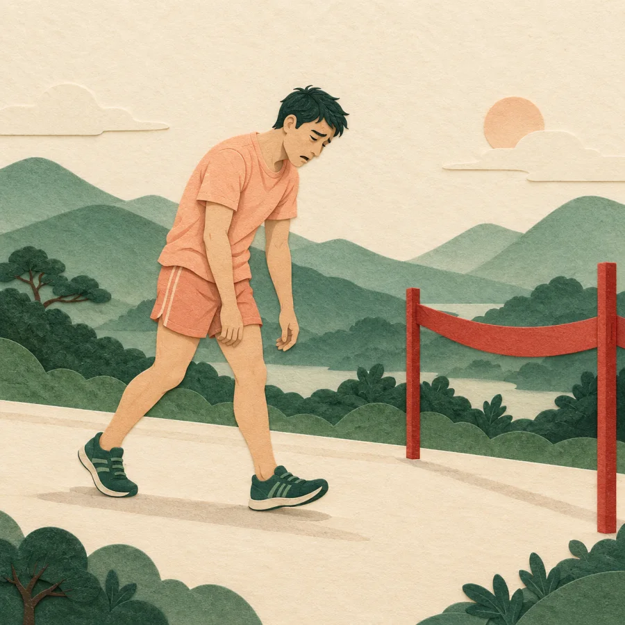 A runner slows and droops near the finish line