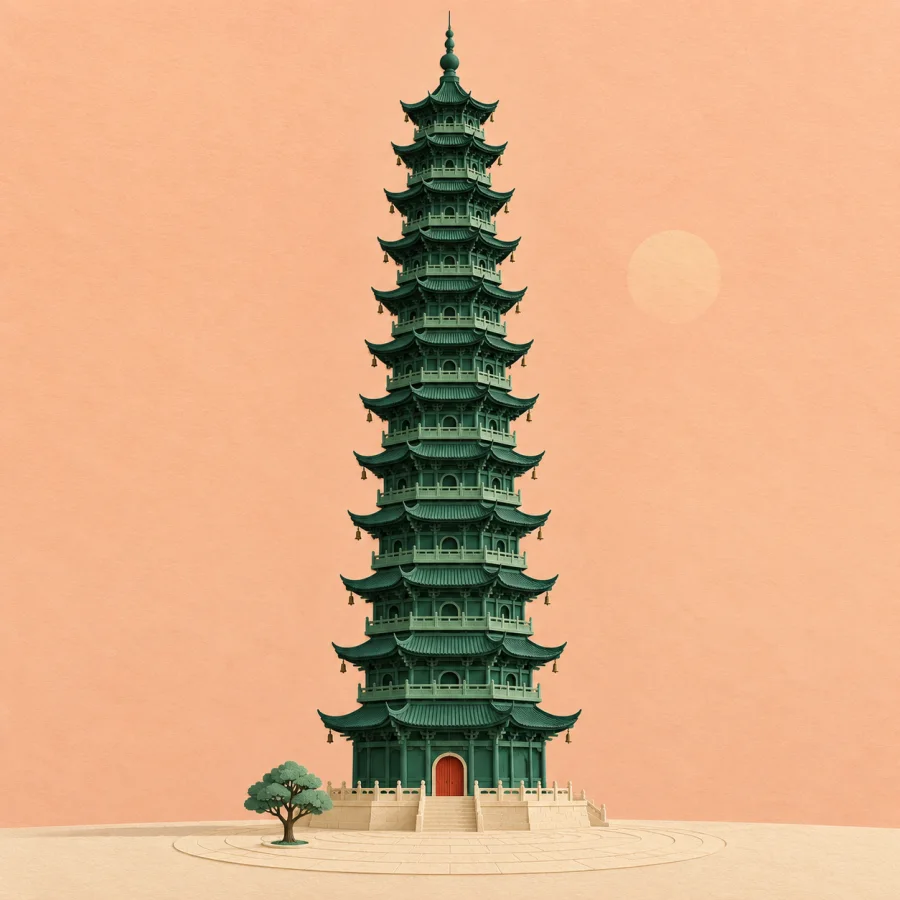 An ancient pagoda towers over a small square