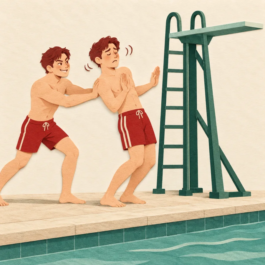 A friend pushes a hesitant young man toward a diving board