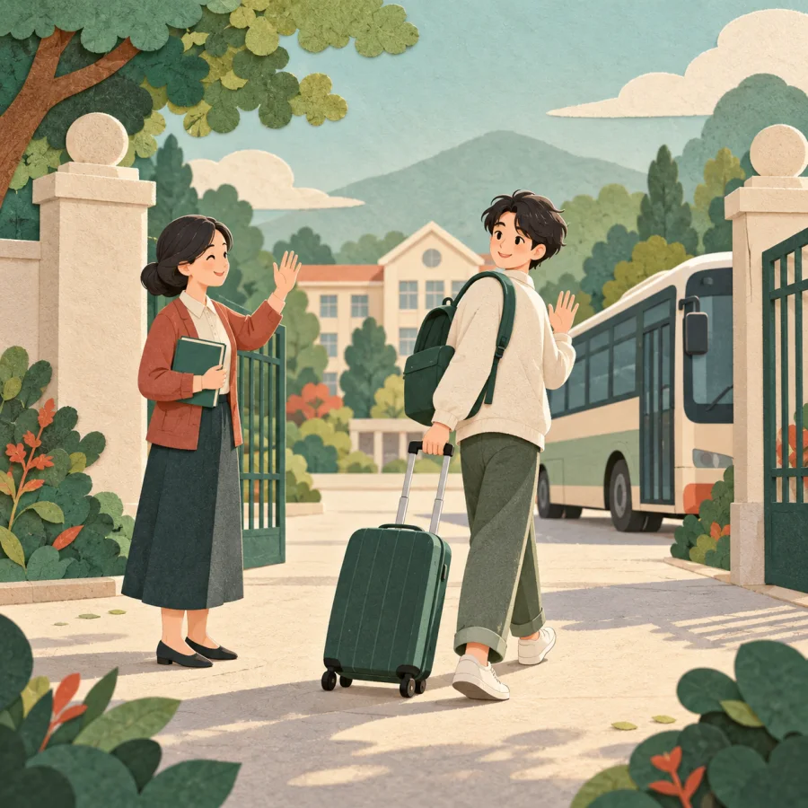 A teacher waves goodbye to a departing student pulling a suitcase
