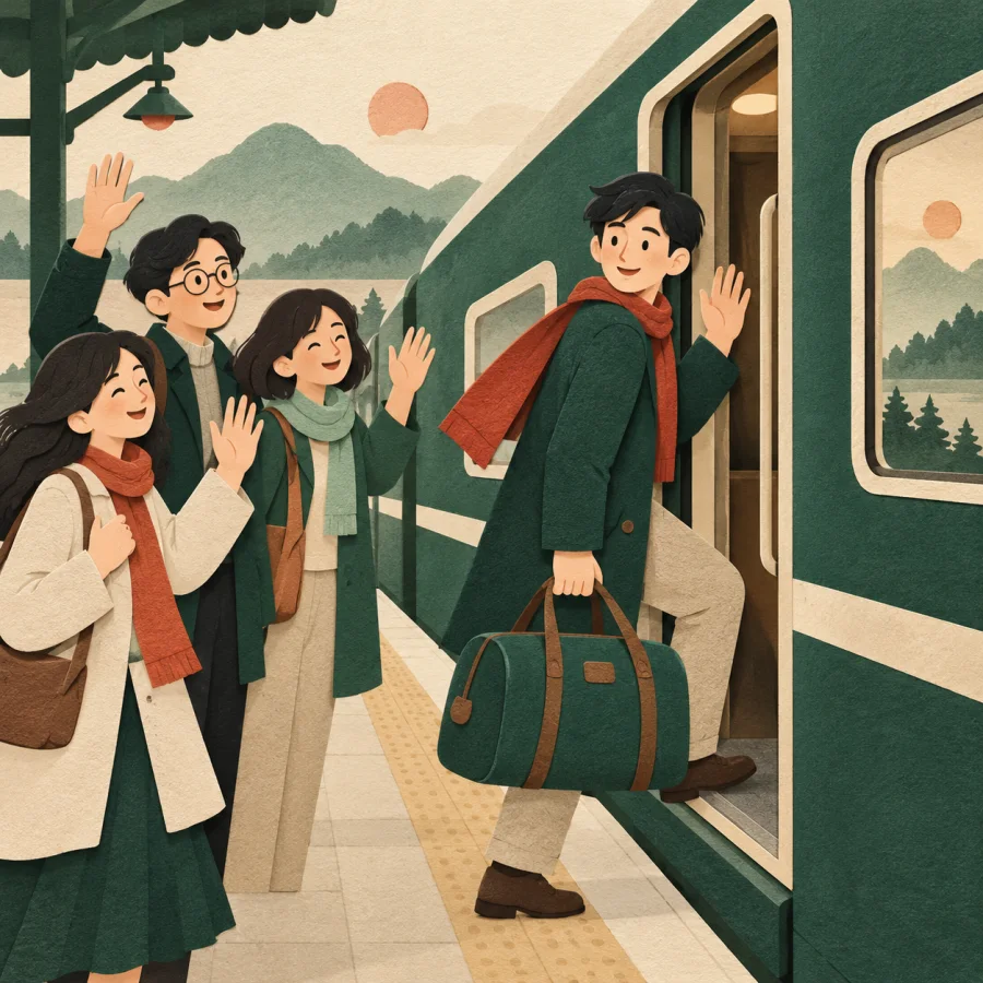Colleagues wave goodbye to a departing friend at a train platform