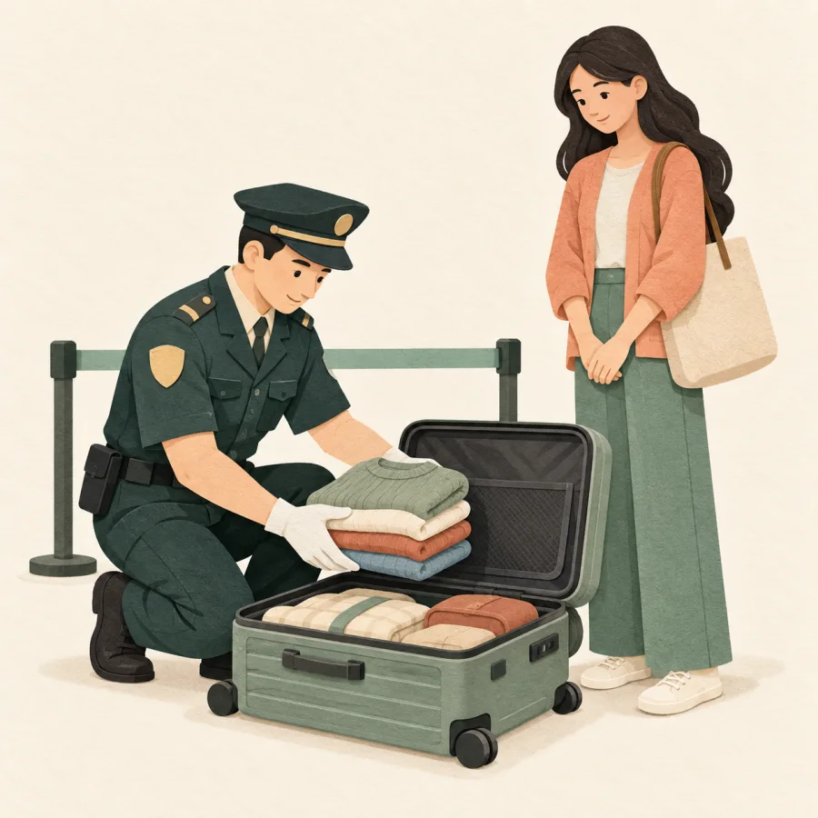 An officer opens and inspects a traveler's suitcase