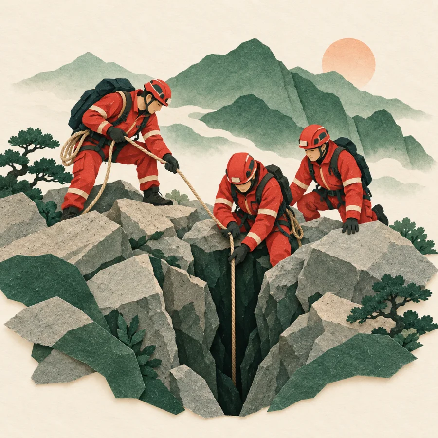 Rescuers in cinnabar red with a rope search for people among mountain rubble