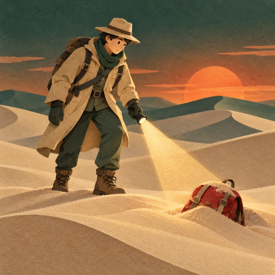 A rescuer searches dunes with a flashlight for a lost backpack