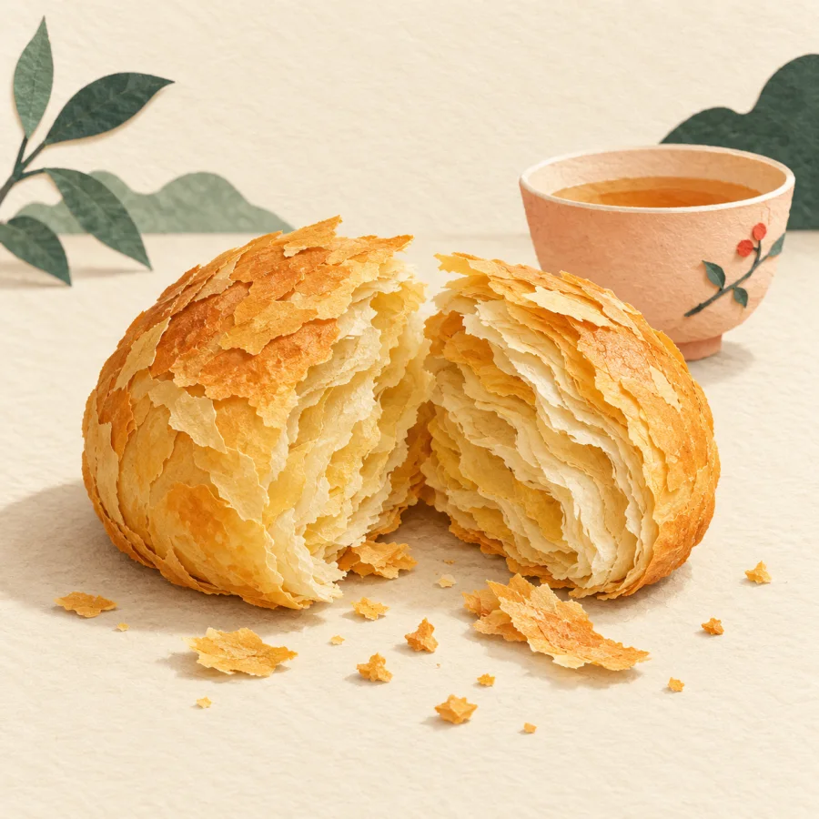 A flaky pastry splits apart, crumbs tumbling beside a teacup