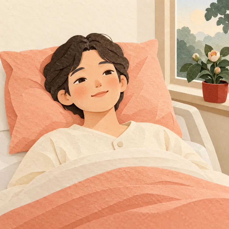 A patient opens their eyes in bed as a potted flower blooms
