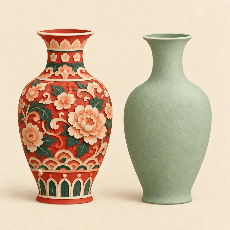 Two vases: one gaudy red with patterns, one plain