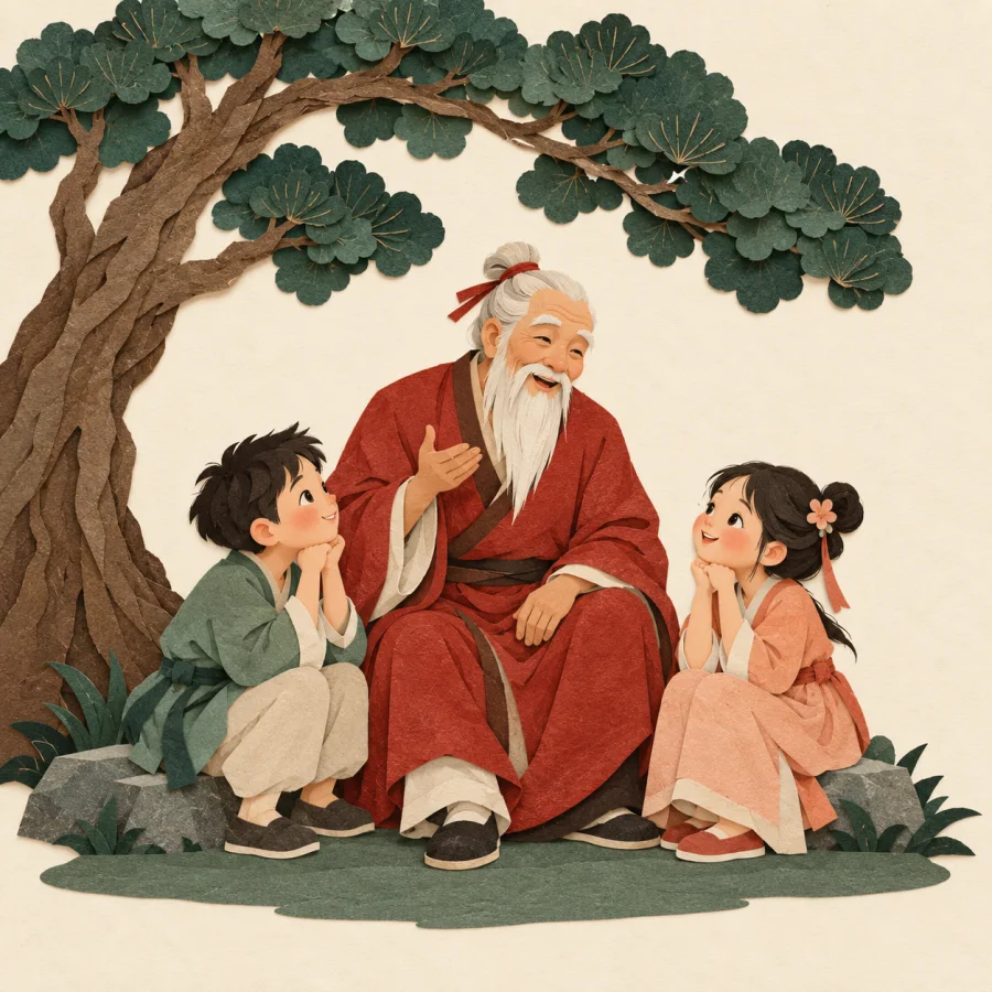 An elder under a tree tells a folk saying to attentive children