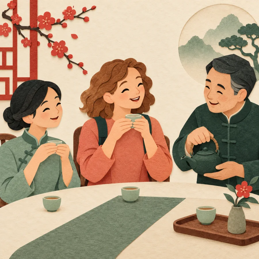 A traveler shares tea with a local family at their table