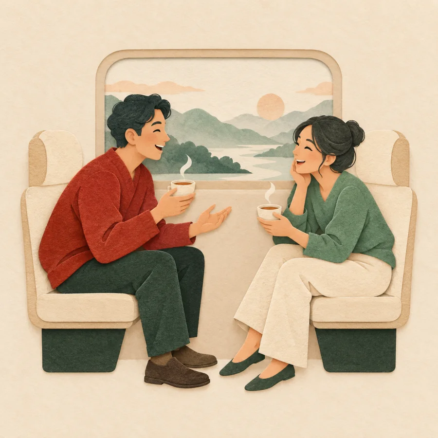 Two strangers chat warmly on a train bench
