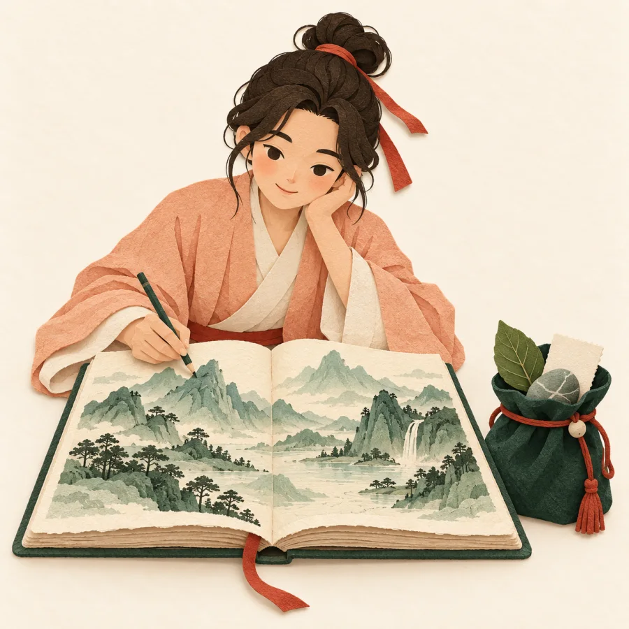 An artist sketches a landscape in a notebook