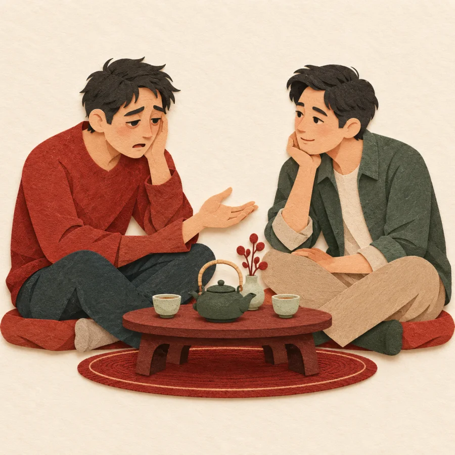 A weary person pours out his troubles to a patient friend over tea