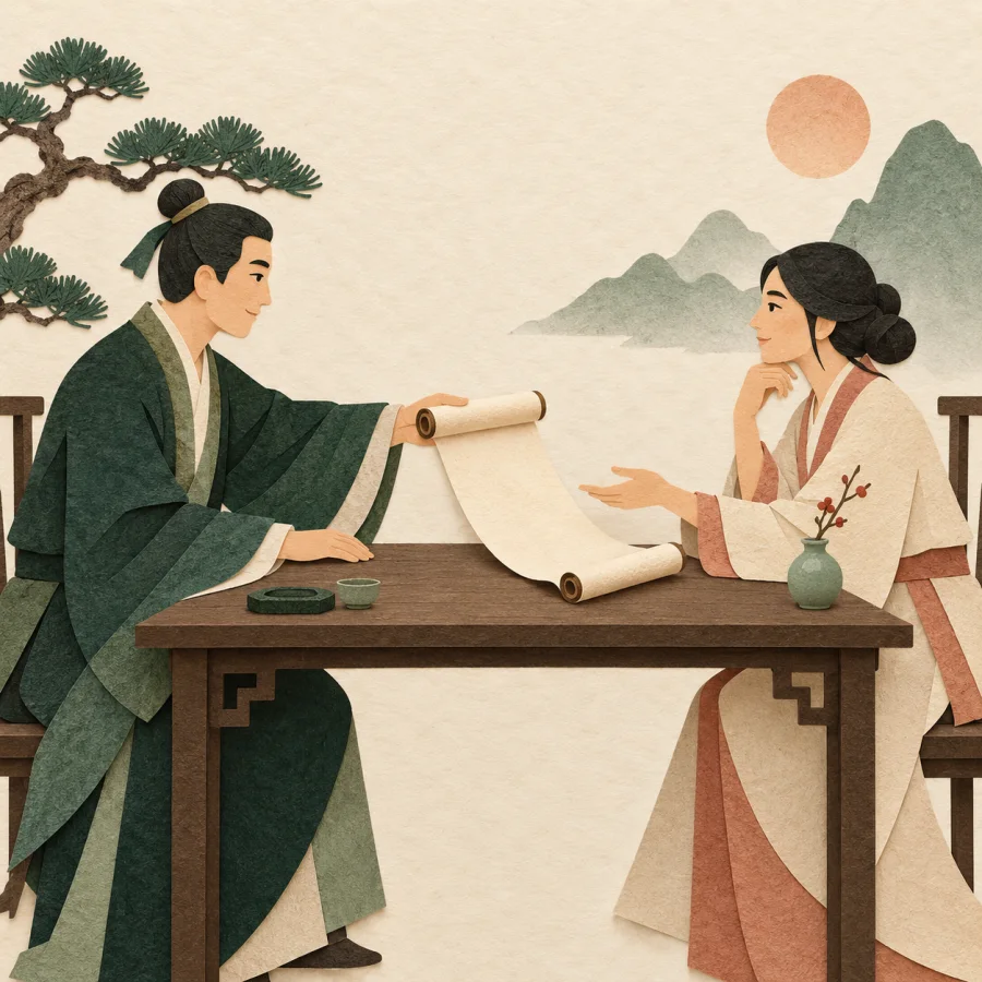 Two negotiators at a table, one extending a blank scroll stating demands