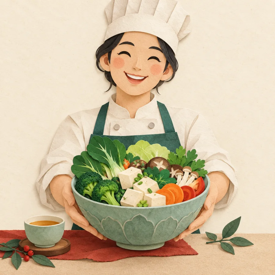 A smiling cook presenting a big bowl of fresh vegetables and tofu