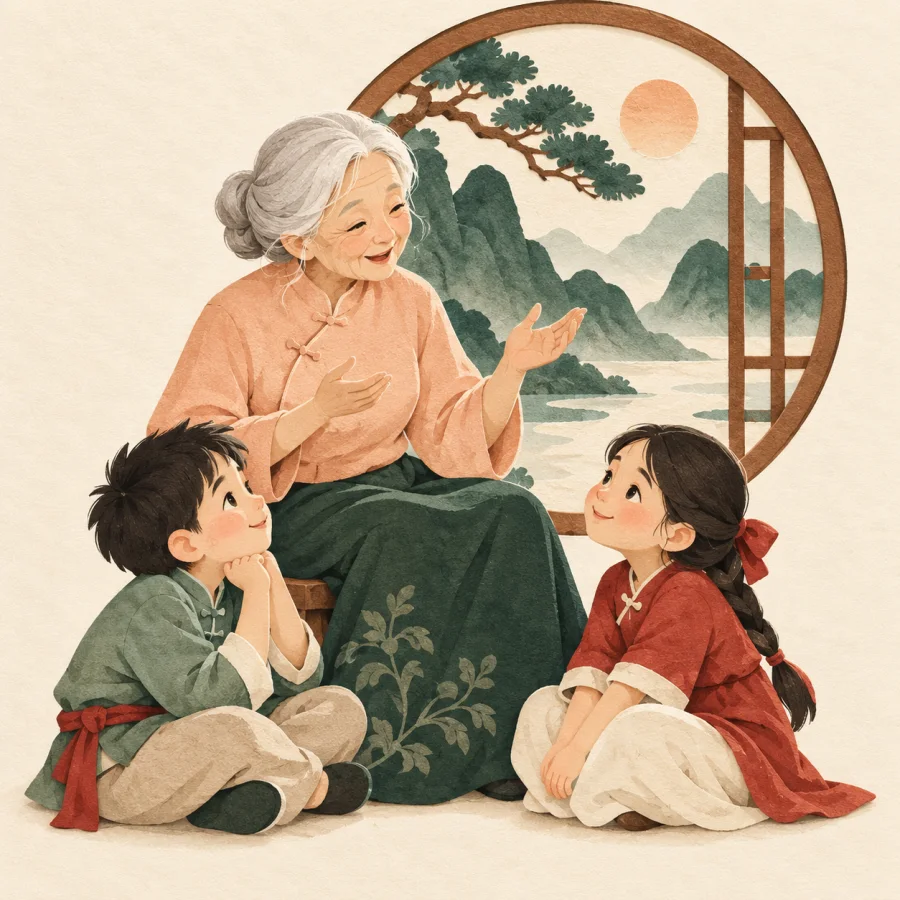 A grandmother telling stories to two children sitting at her feet