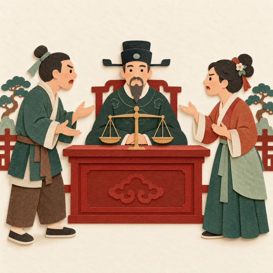 Two disputing people standing before a seated judge with balanced scales