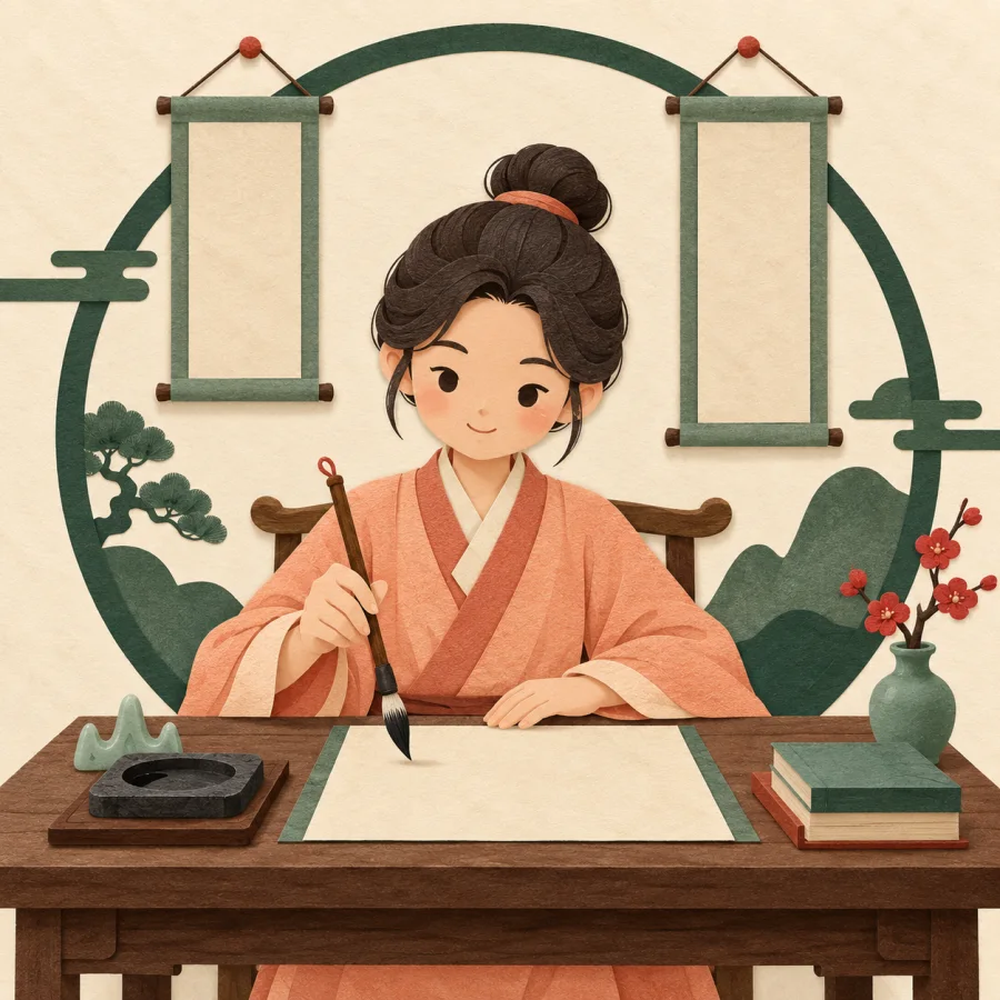 A person practices calligraphy at a wooden desk with scrolls