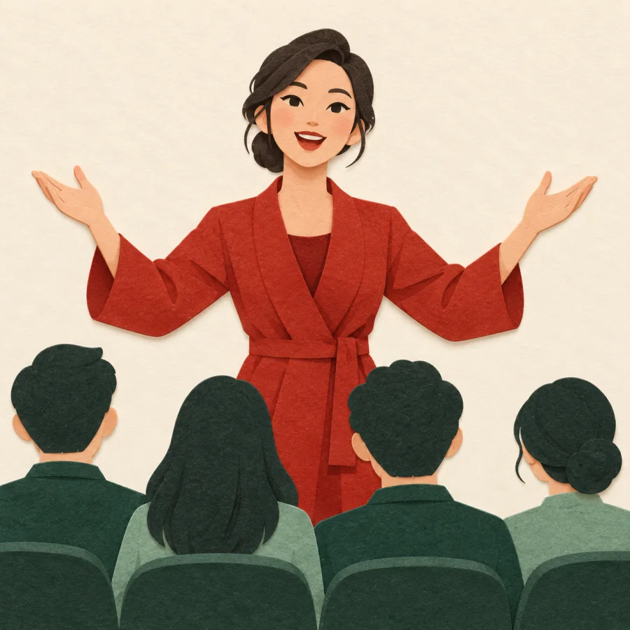 A speaker with open raised hands addresses a seated crowd