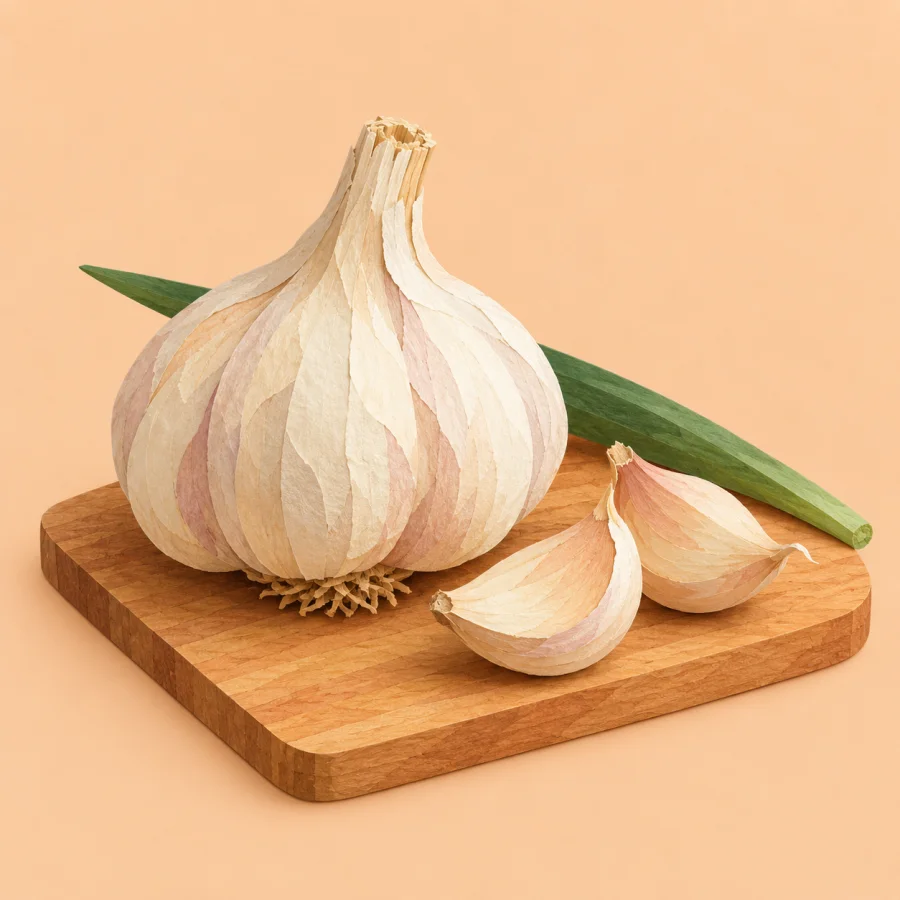 A garlic bulb and two cloves rest on a cutting board