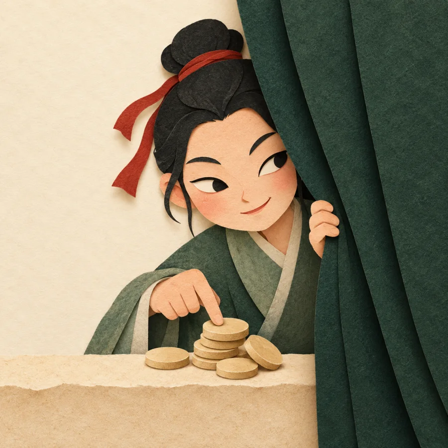 A sly figure peeks from behind a curtain counting coins on fingers