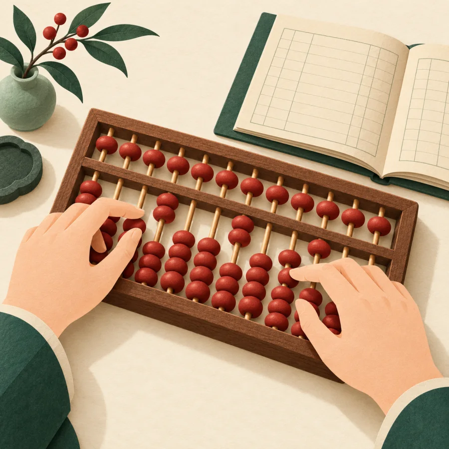 Hands move red beads on an abacus beside an open ledger