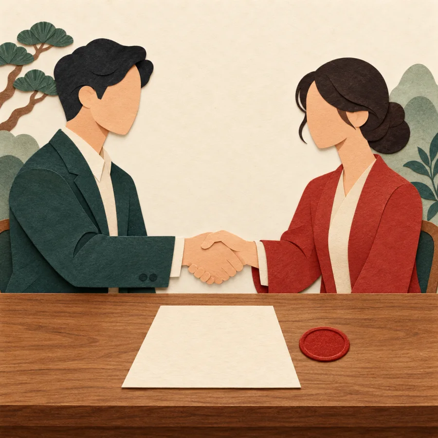 Two people shake hands over a sealed contract on a table