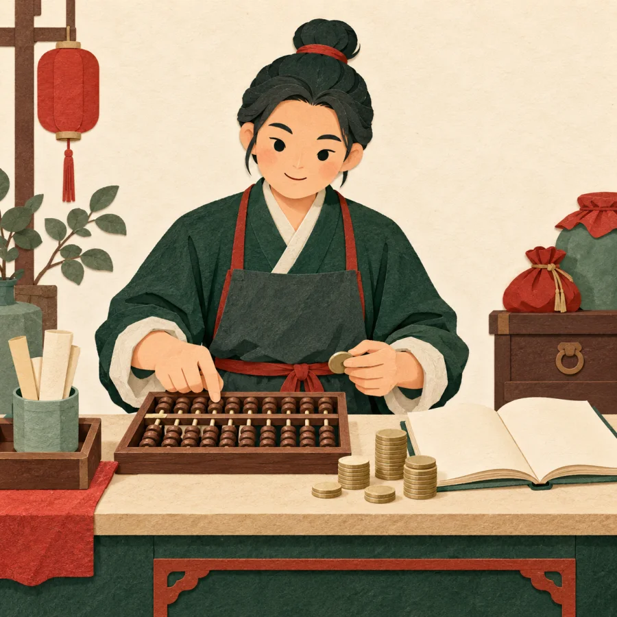 A shopkeeper counts coins on an abacus beside an open ledger