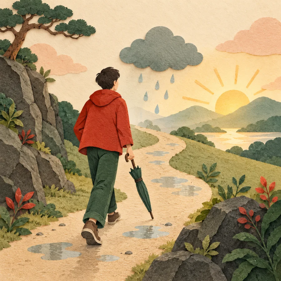 A person with an umbrella walks toward a rain cloud, sun behind