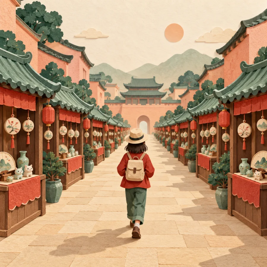 An old-town street lined with many identical souvenir stalls