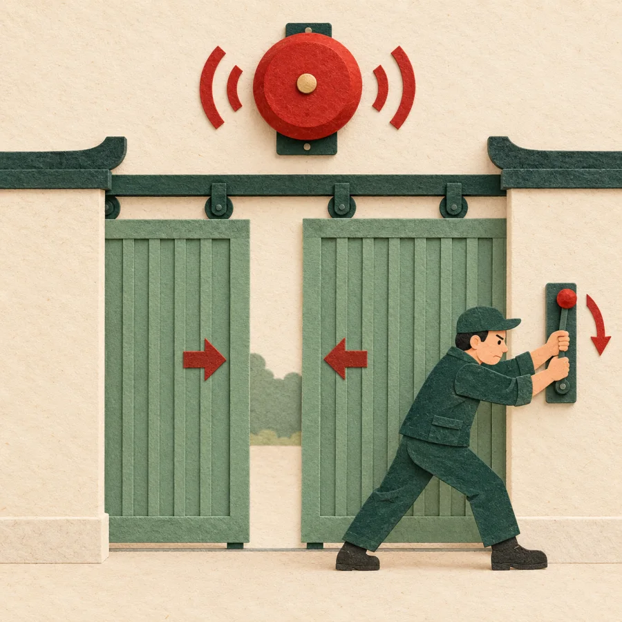 A worker immediately closes a gate with a lever as a bell rings