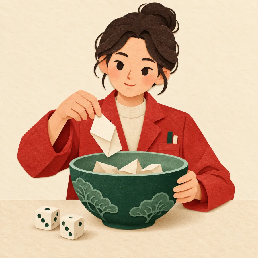 A researcher draws paper slips from a bowl with dice nearby