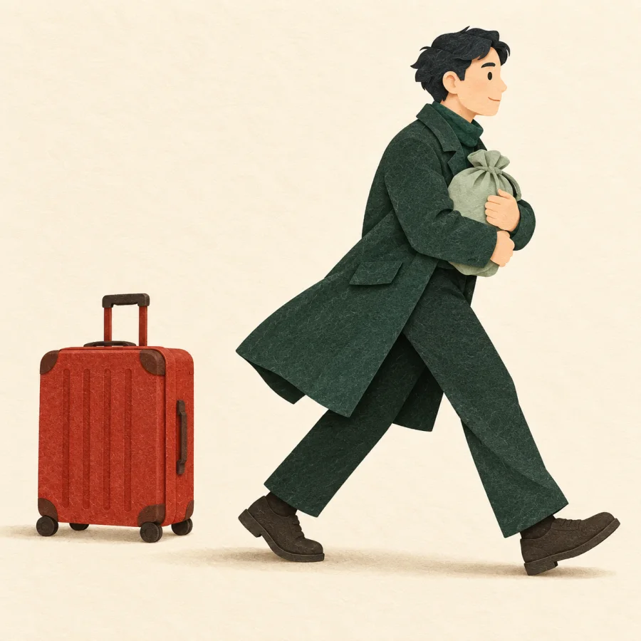 A traveler walks holding a small bag close, suitcase behind
