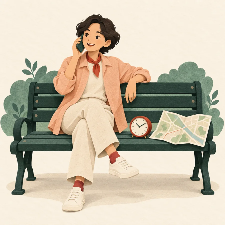 A person on a park bench talks on a phone with a clock and map nearby