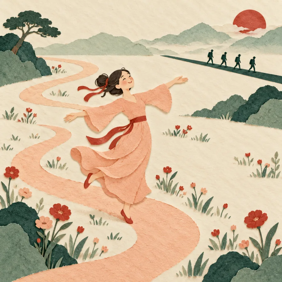 A person dances freely in a flowery meadow, a straight road beyond