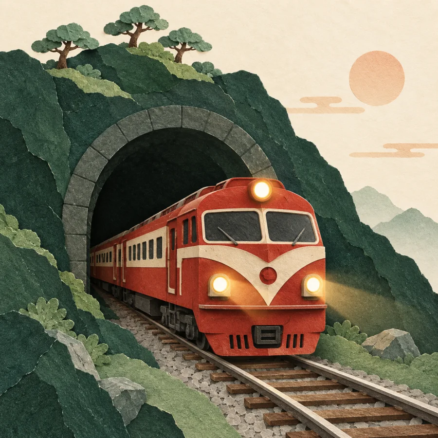 A train with headlights emerges from a tunnel in a green mountain
