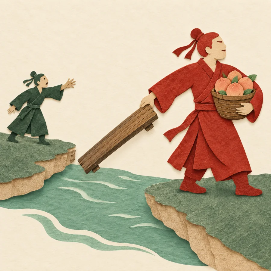 A figure pulls a plank from a bridge behind him, stranding another person
