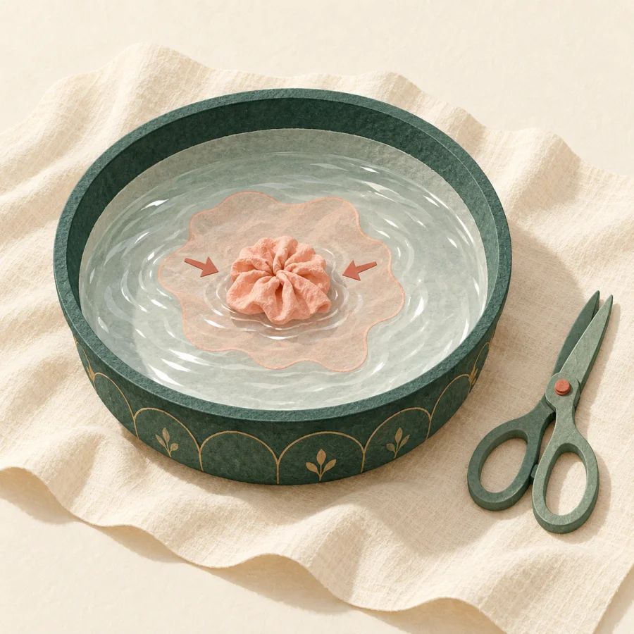 A fabric piece shrinks in a water basin beside a pair of scissors
