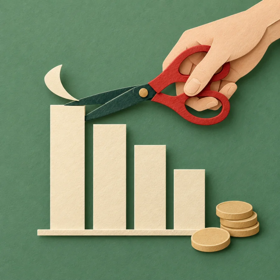 A hand with scissors trims a shrinking bar chart with coins beside it