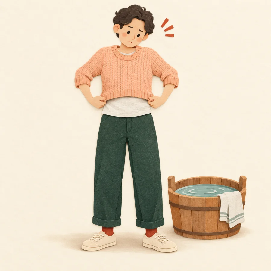 A person holds a sweater far too small beside a washing tub