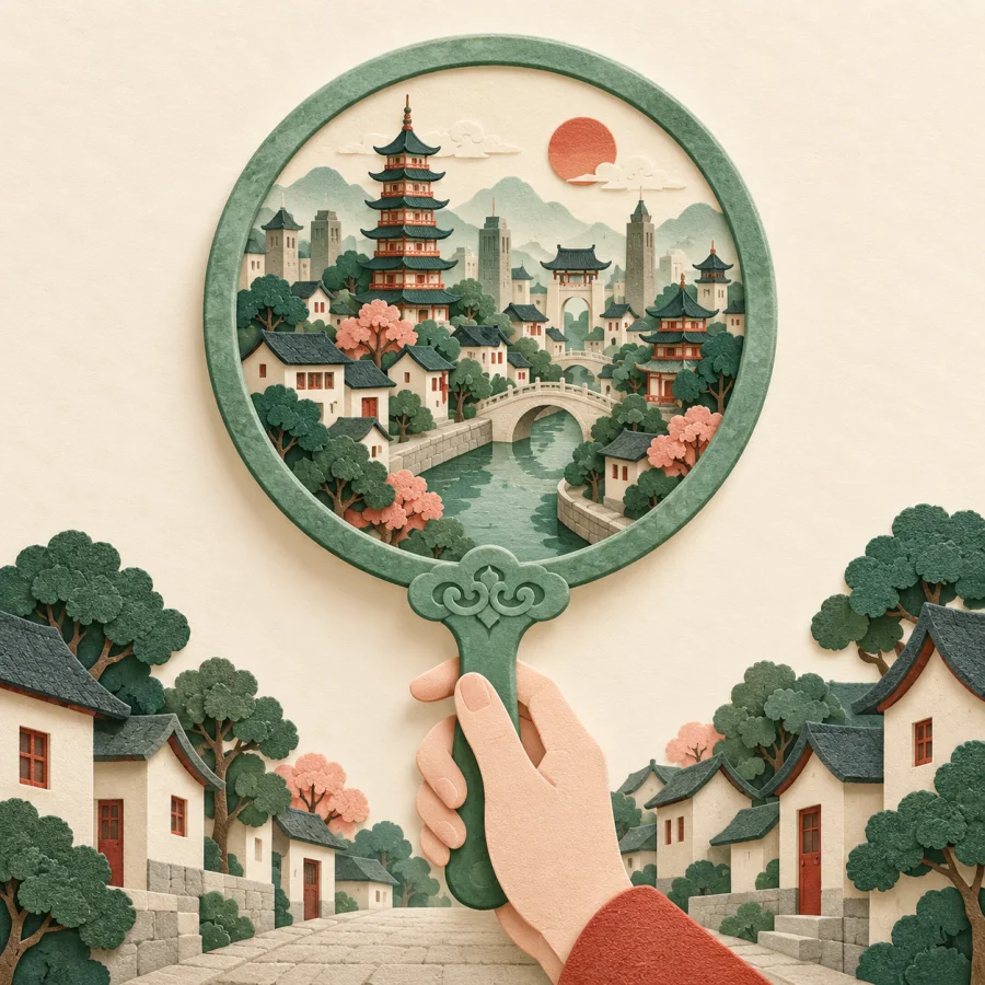 A tiny complete city fits inside a round mirror above a street