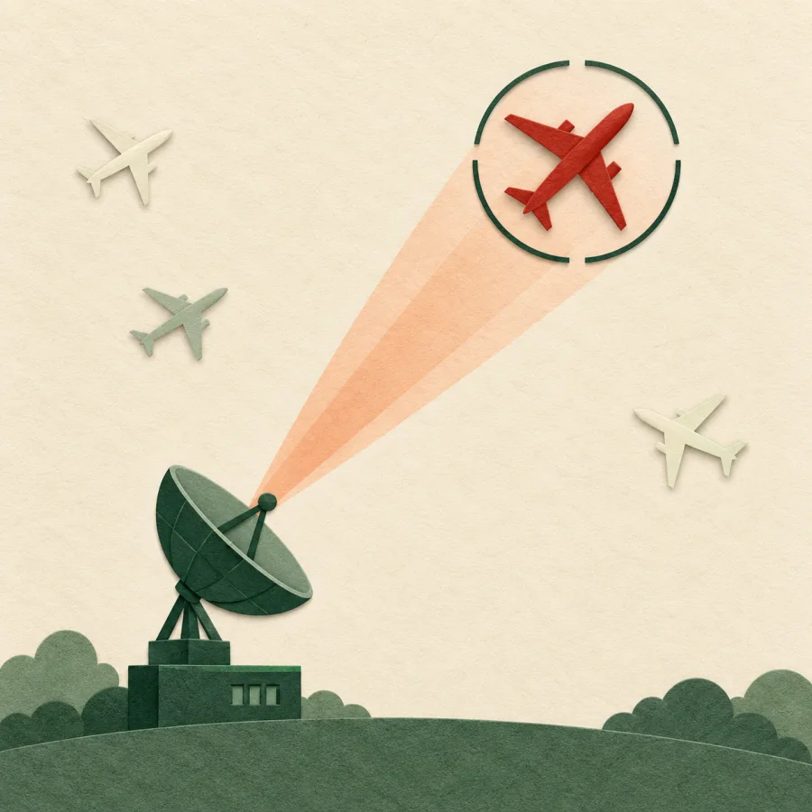 A radar beam locks onto one red airplane among several in the sky