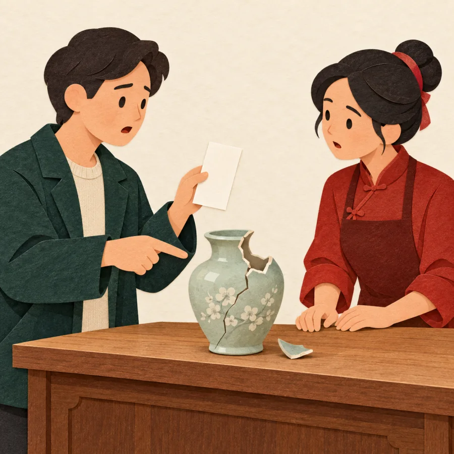 A customer shows a broken vase and receipt to a shopkeeper at the counter
