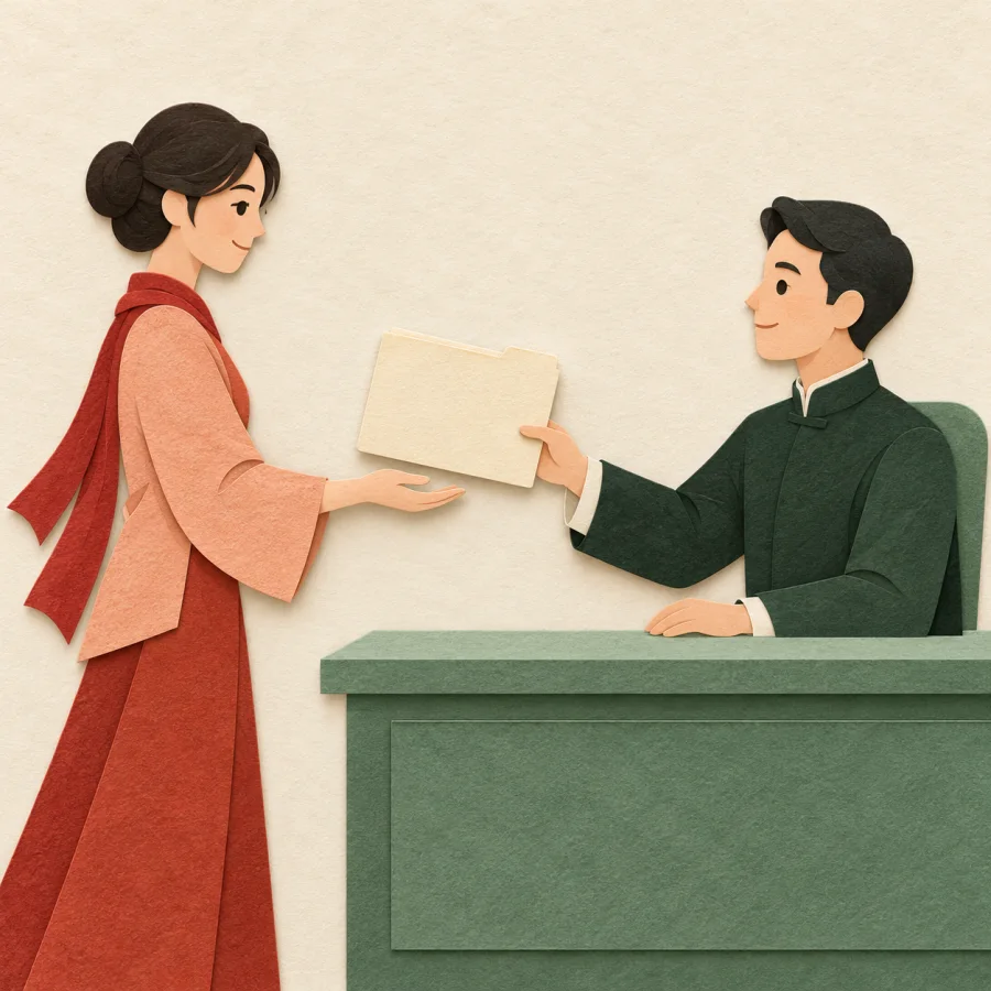 A person reaches for a document folder held out by an office clerk